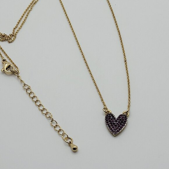 Dainty Gold Tone Heart Necklace Red Ruby Pave' Stones CZ Red Stones Unsigned 18" - Picture 7 of 9